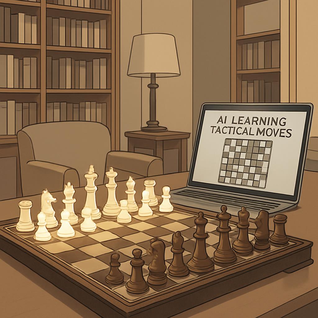 "a chessboard and a laptop on a table with a bookshelf in the background, the laptop screen showing a chess game board and...