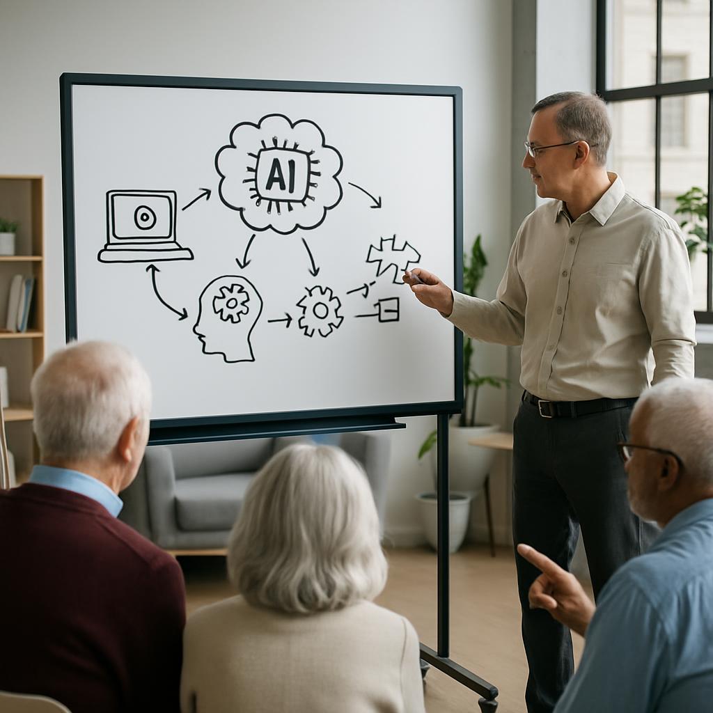 An image of a man teaching a technology lesson with a whiteboard and three elderly individuals learning in a living room.